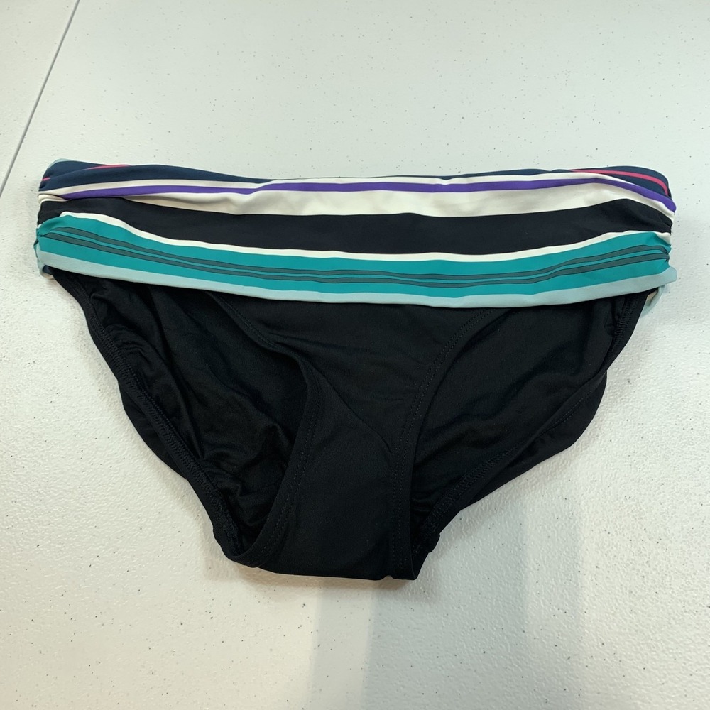 Anne Cole Women's Swim Bikini Bottom S Black Striped Fold Over Band‎ Multicolor